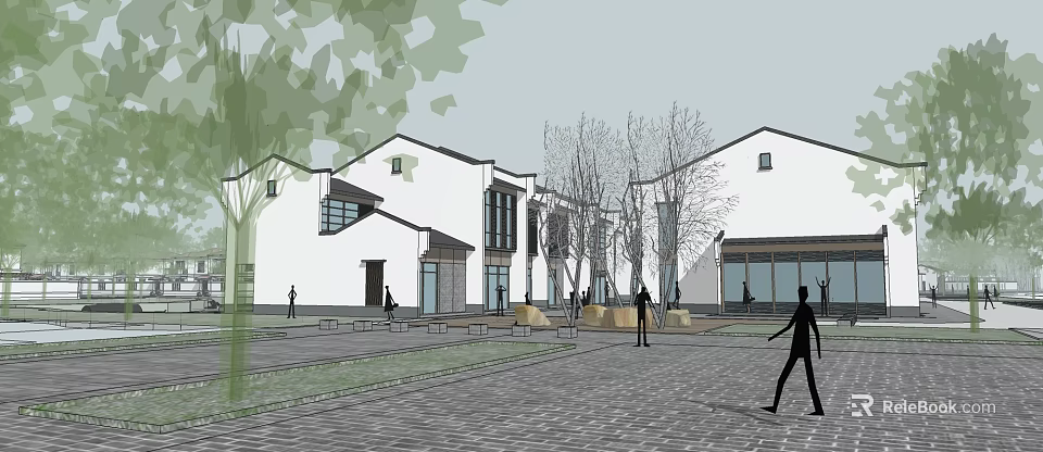 Modern White Commercial Complex With Open Square Trees And Pedestrians 3d model