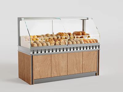 Elegant Bakery Display Shelf With Glass Cover And Wooden Cabinet For Fresh Bread 3d model