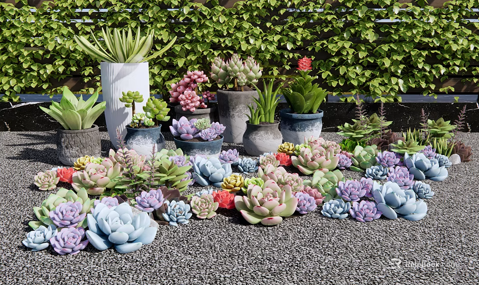 Colorful Succulent Plants in Various Pots with Green Ivy Background 3d model 