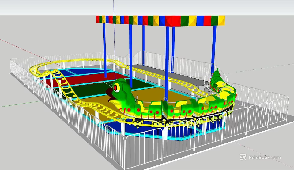 Colorful Canopy Green Caterpillar Shaped Amusement Ride With Yellow Track And White Fence 3d model 