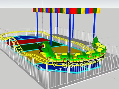 Colorful Canopy Green Caterpillar Shaped Amusement Ride With Yellow Track And White Fence 3d model