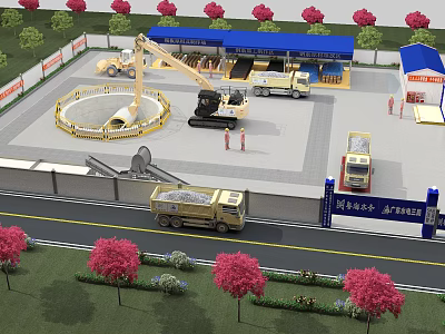 Road Construction Infrastructure With Dump Trucks Excavators Safety Fencing And Roadside Trees 3d model