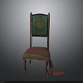 Decorative Wooden Chair With Green Backrest Golden Pattern Red Fabric And Wooden Legs
