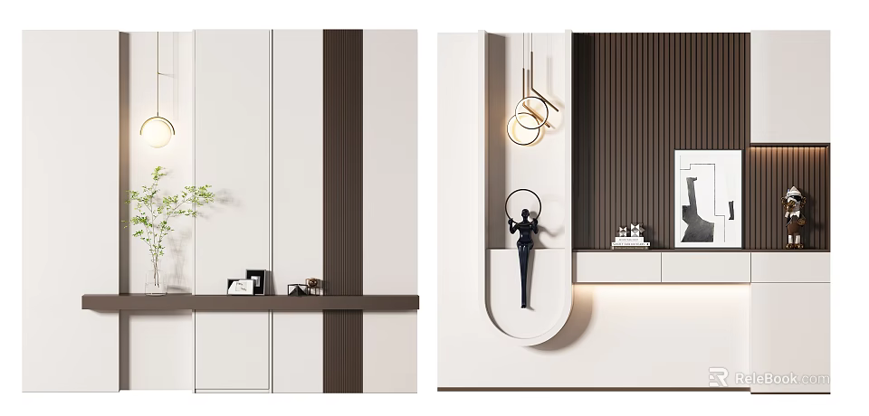 Modern Entryway Cabinet Sideboard With White Brown Design And Decorative Hanging Lamp 3d model 