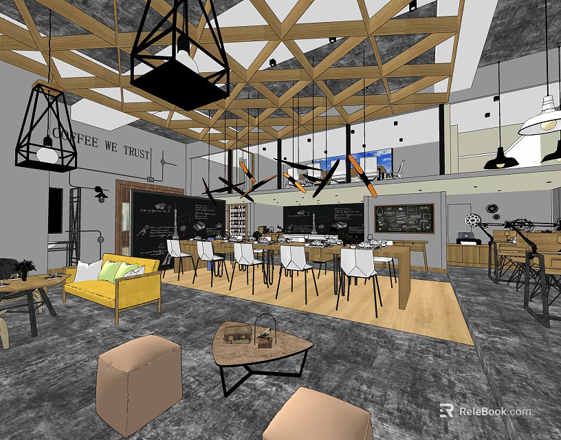 Modern Café Interior With Wooden Ceiling Beams Hanging Pendant Lights Yellow Sofa And White Chairs 3d model 