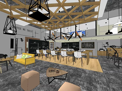 Modern Café Interior With Wooden Ceiling Beams Hanging Pendant Lights Yellow Sofa And White Chairs 3d model