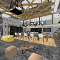 Modern Café Interior With Wooden Ceiling Beams Hanging Pendant Lights Yellow Sofa And White Chairs