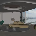 Modern Living Room Interior Design With Circular Woven Ceiling Decor And Floor To Ceiling Windows