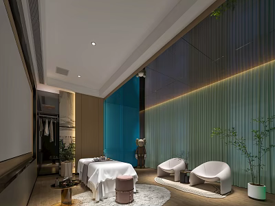 Modern SPA Sauna Room Design With Comfortable Massage Bed And Green Plants 3d model