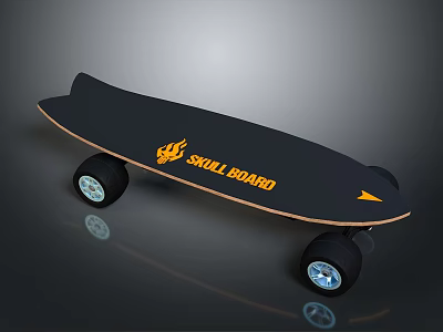 Black Deck Skull Board Skateboard with Orange Flame Logo and Large Blue Wheels 3d model