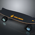 Black Deck Skull Board Skateboard with Orange Flame Logo and Large Blue Wheels