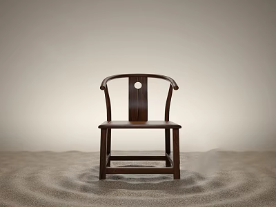 Dark Traditional Chinese Wooden Chair With Circular Backrest On Sand Surface 3d model