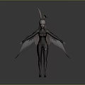 Child in Black Bodysuit with White Wings Pink Rabbit Ears and Black Bird on Shoulder