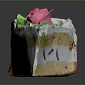 Delicious Layered Cake Slice With White Cream Pink Flower And Green Decorations