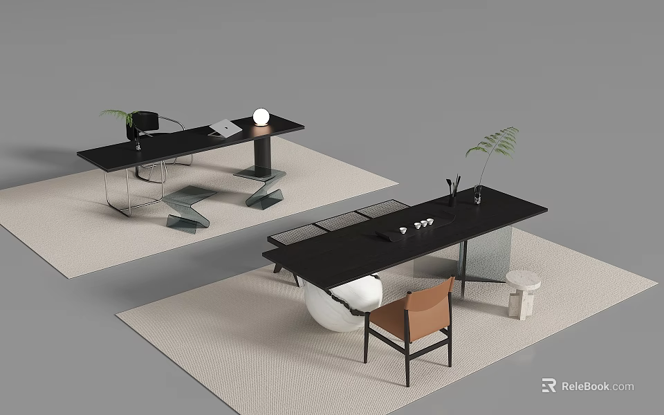 Modern Office Desk Setup With Black Surface Chairs Green Plant And Decorative Lamp 3d model 