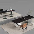 Modern Office Desk Setup With Black Surface Chairs Green Plant And Decorative Lamp