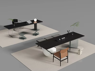 Modern Office Desk Setup With Black Surface Chairs Green Plant And Decorative Lamp 3d model
