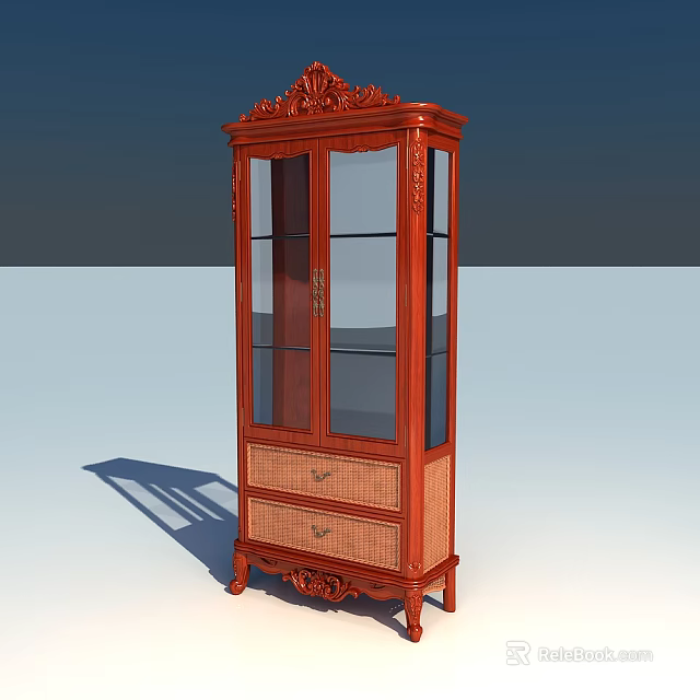 Elegant Classic Wooden Display Cabinet With Glass Doors Shelves And Carved Drawers 3d model 