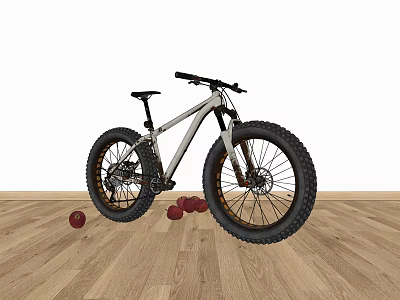 Fat Tire Mountain Bike with Large Wheels on Wooden Floor and Red Balls 3d model