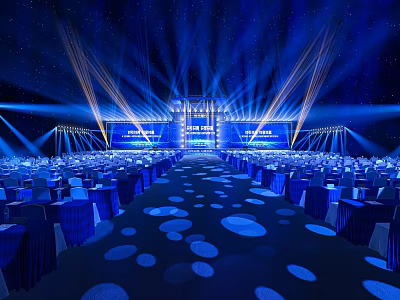 Formal Event Venue With Blue Lighting Rows Of Chairs And Stage Screens 3d model