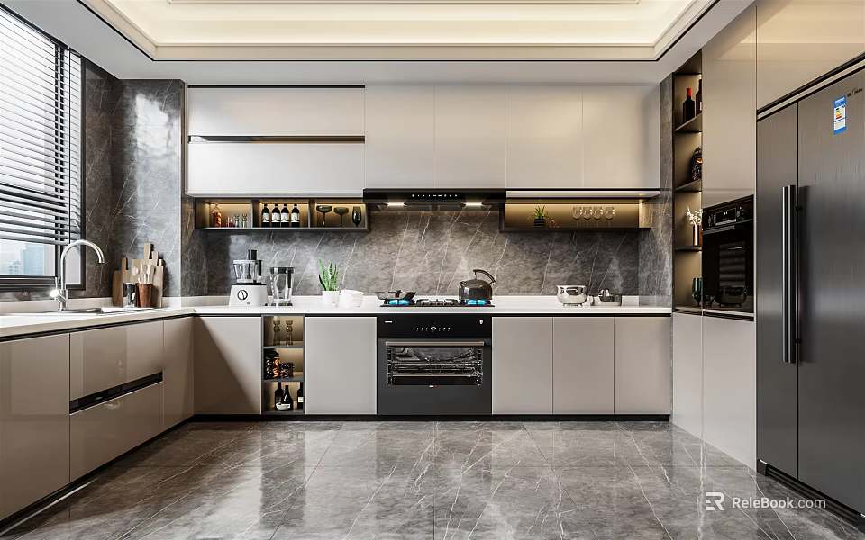 Modern Kitchen Interior With Gray Cabinets Marble Countertop Polished Floors And Built-in Oven 3d model 