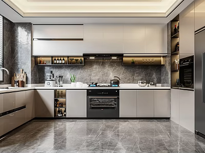 Modern Kitchen Interior With Gray Cabinets Marble Countertop Polished Floors And Built-in Oven 3d model