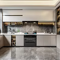 Modern Kitchen Interior With Gray Cabinets Marble Countertop Polished Floors And Built-in Oven