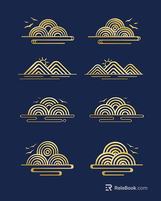 Traditional Gold Carvings Featuring Cloud Mountain And Sun Patterns On Blue Background 3d model