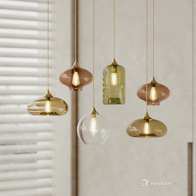 Modern Glass Chandeliers With Various Colors Hanging In Interior Space 3d model 