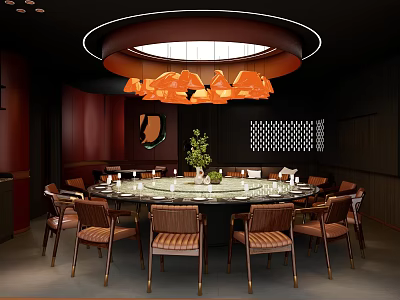 Elegant Restaurant Interior With Round Dining Table Chairs Tableware Orange Chandelier And Green Plant 3d model