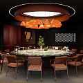 Elegant Restaurant Interior With Round Dining Table Chairs Tableware Orange Chandelier And Green Plant