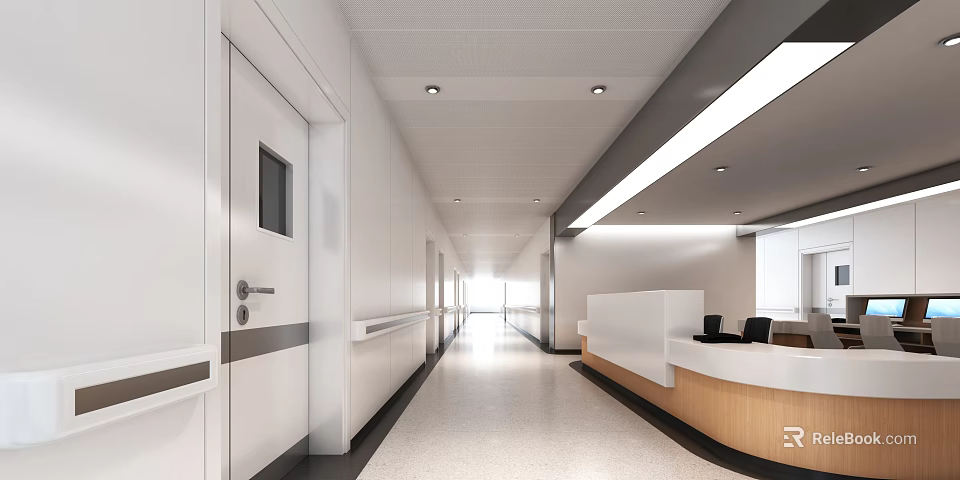 Modern Elevator Corridor With White Walls Handrails And Reception Counter 3d model 