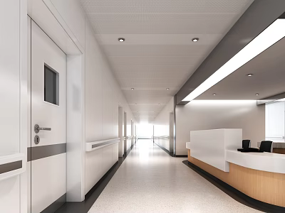 Modern Elevator Corridor With White Walls Handrails And Reception Counter 3d model