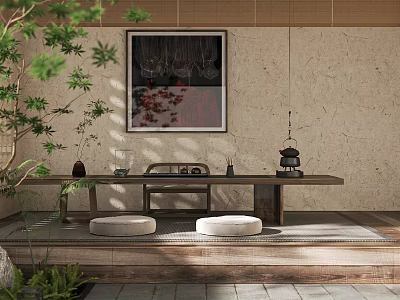 Tranquil Japanese Garden Landscape With Lush Green Plants Wooden Deck And Traditional Tea Set 3d model