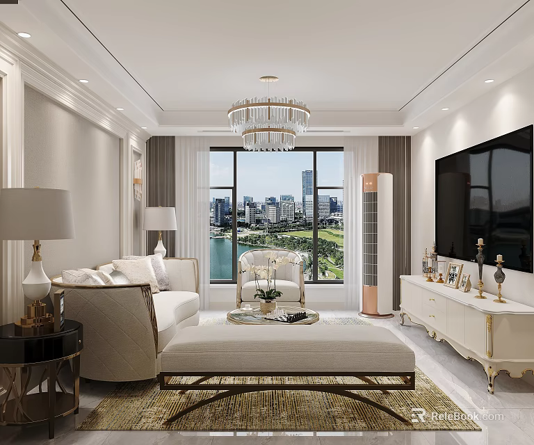 Modern Light Luxury Living And Dining Room With Elegant Decor And Panoramic City Lake View 3d model 