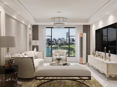Modern Light Luxury Living And Dining Room With Elegant Decor And Panoramic City Lake View 3d model