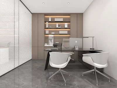 Modern Office Interior Design With Glass Partition Blinds Wooden Shelves Black Desk White Chairs Computer 3d model