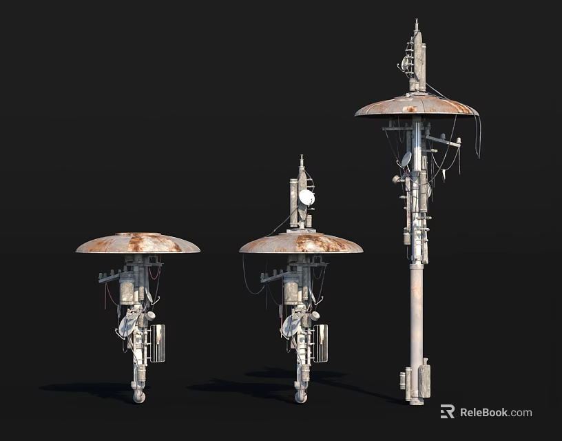 Three Industrial Equipment Units With Disc Shaped Tops At Various Heights And Metal Construction 3d model 