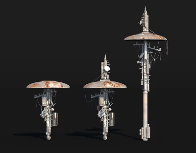 Three Industrial Equipment Units With Disc Shaped Tops At Various Heights And Metal Construction 3d model