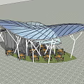 Modern Landscape Pavilion With Blue Transparent Roof White Supporting Structure And Outdoor Seating Area