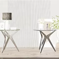Elegant Glass Top Side Tables With Cross Metal Frame And Flower Vase On Wooden Floor