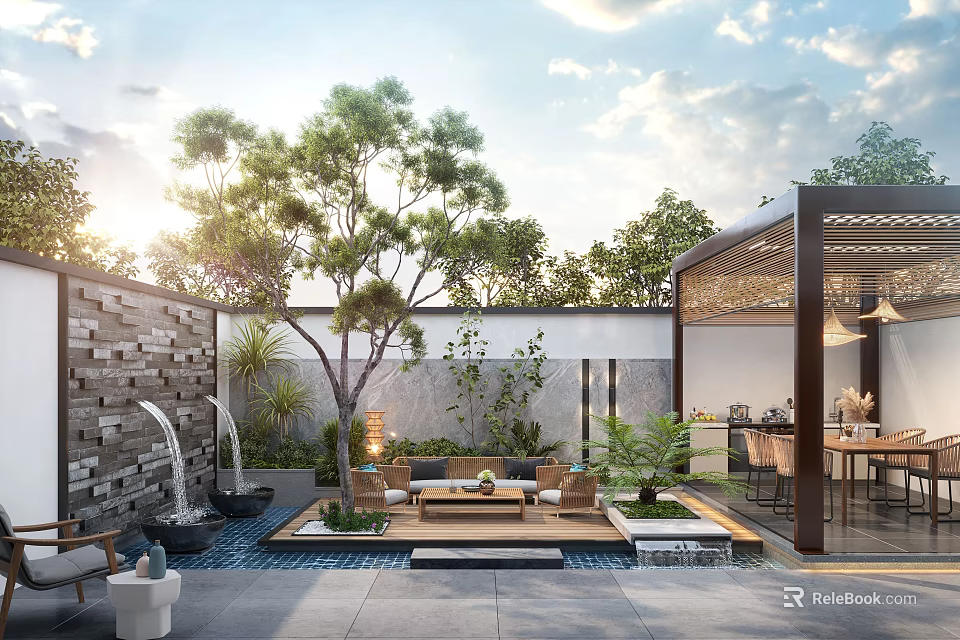 Tranquil Courtyard Garden With Water Fountain Outdoor Sofa Stone Wall And Lush Trees 3d model 