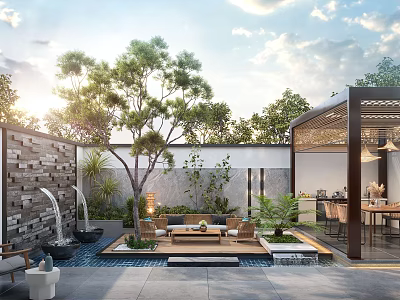 Tranquil Courtyard Garden With Water Fountain Outdoor Sofa Stone Wall And Lush Trees 3d model