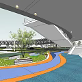 Modern Circular Bridge Structure Over Urban Road Intersection With Surrounding Buildings And Greenery 3d model