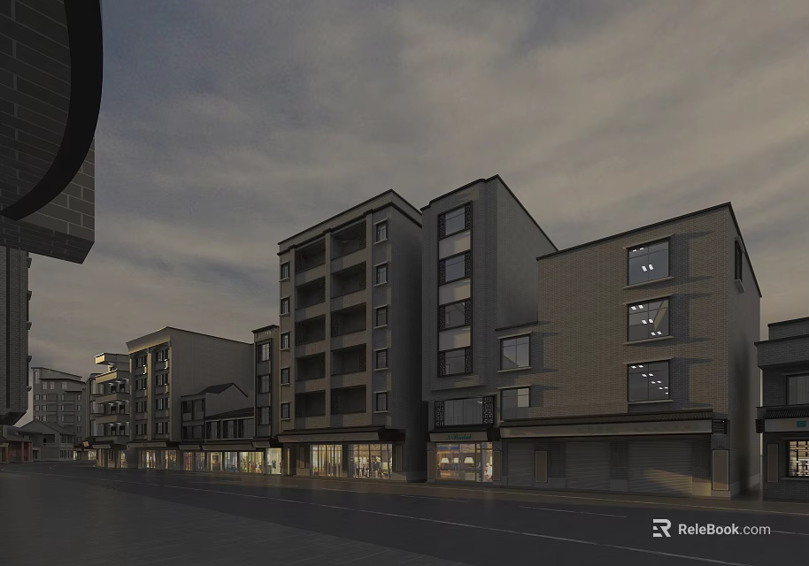 Modern Commercial Street Featuring Multi Story Buildings And Evening Facade Lighting 3d model 