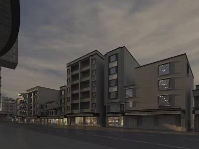 Modern Commercial Street Featuring Multi Story Buildings And Evening Facade Lighting 3d model