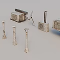 Rustic Vintage Metal Objects Including Old Satellite Dish And Decorative Pillars 3d model