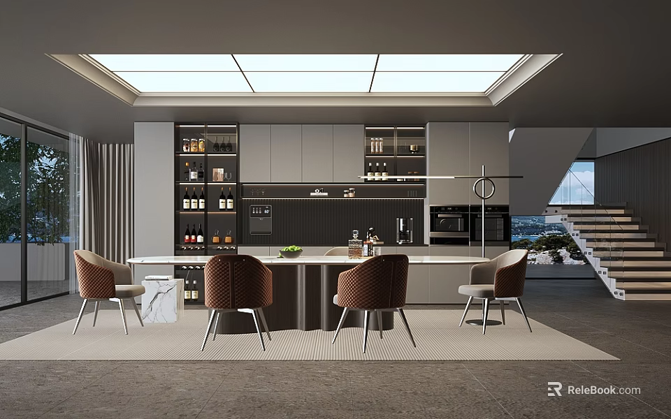 Contemporary Dining Room With Dining Table Upholstered Chairs Built In Cabinets And Recessed Lighting 3d model 