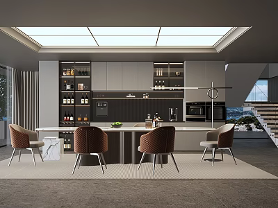 Contemporary Dining Room With Dining Table Upholstered Chairs Built In Cabinets And Recessed Lighting 3d model