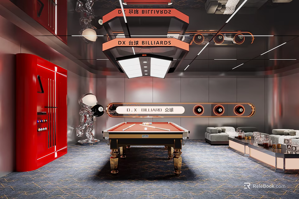 Elegant Modern Billiard Room Interior With Billiard Table Red Refrigerator And Sofa 3d model